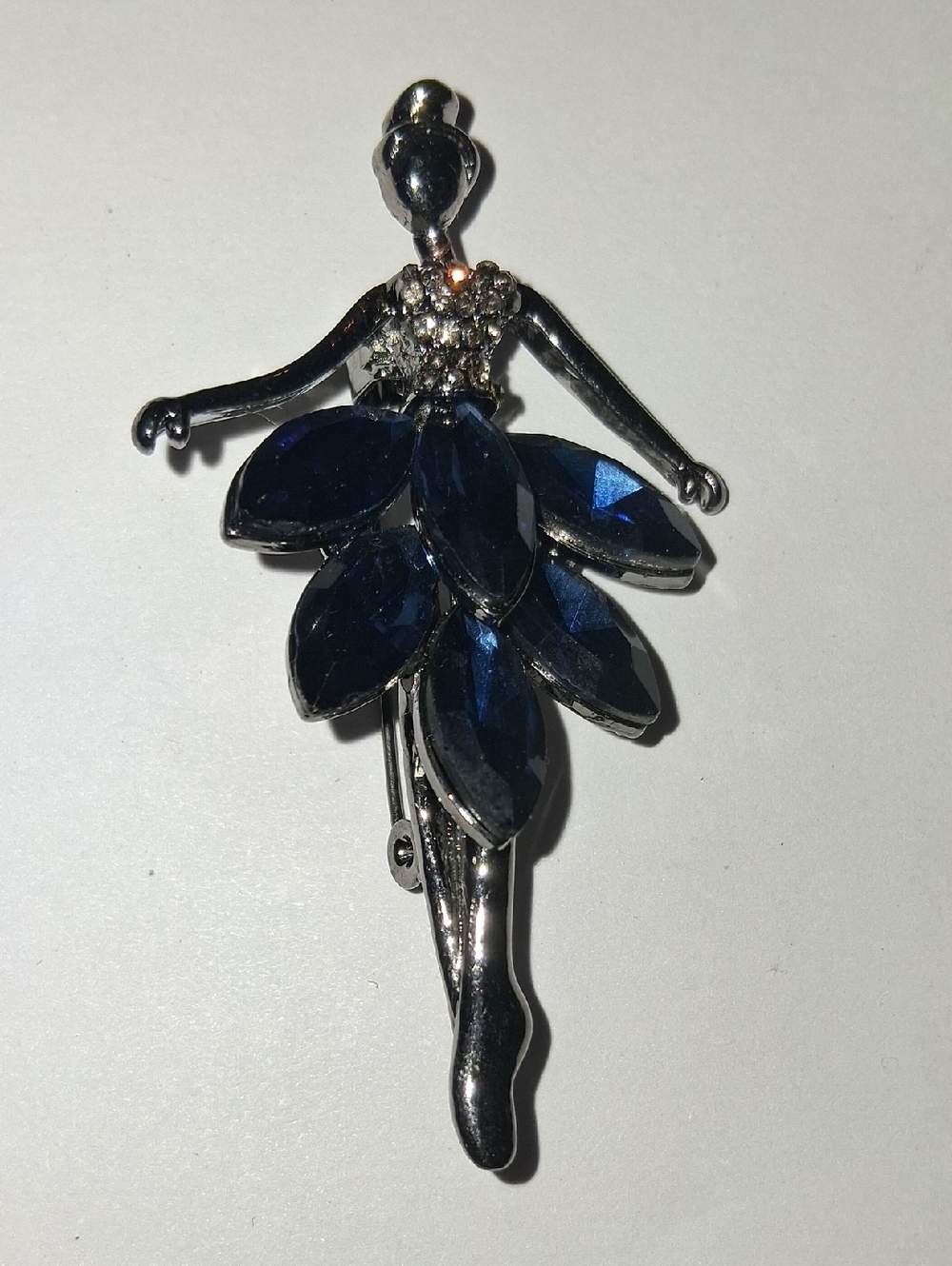 Silver Ballerina Brooch with Deep Blue Crystal Petals